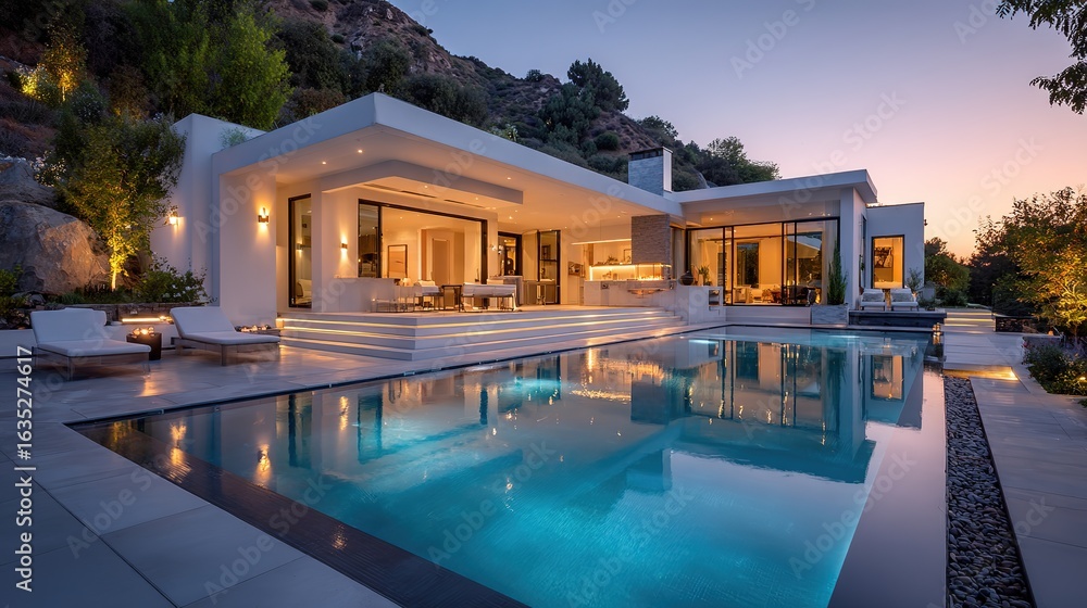 Fototapeta premium Modern White House at Sunset Hillside Landscape: Elegant Architecture in a Scenic Setting