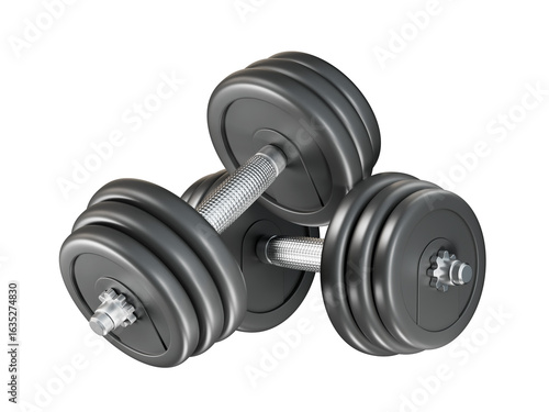 Pair of black metal dumbbells is isolated on a transparent background.