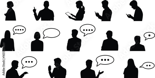 Silhouettes of people communicating with speech bubbles, talking, texting, messaging, using mobile devices, conversation concept, flat vector illustration