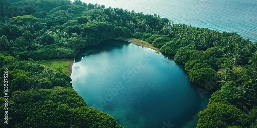 Fototapeta Naklejka Na Ścianę i Meble -  A breathtaking aerial view of a hidden lagoon surrounded by lush green jungle