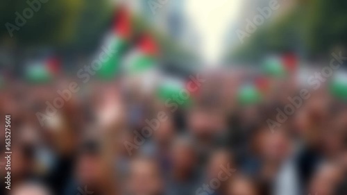 Large, blurred crowd holding flags