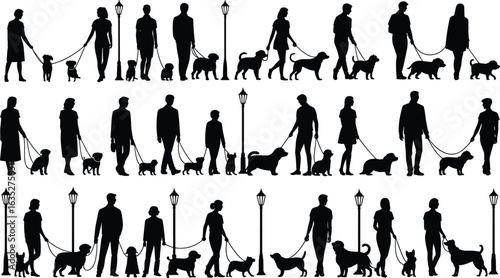 Silhouettes of people walking dogs in urban park with street lamps, pet care concept, dog walking scene, flat vector illustration