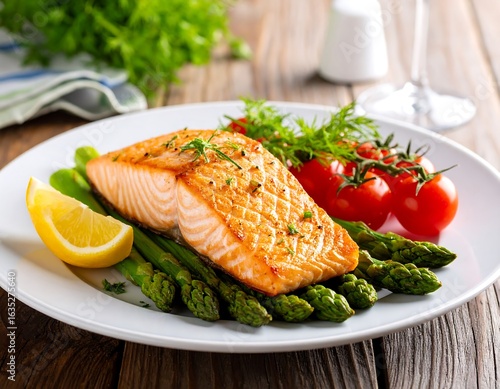 Grilled salmon with asparagus and cherry tomatoes