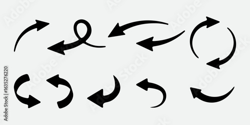Arrow sign symbol vector elements,
Collection of hand drawn black arrows showing different directions and curves isolated on white background
