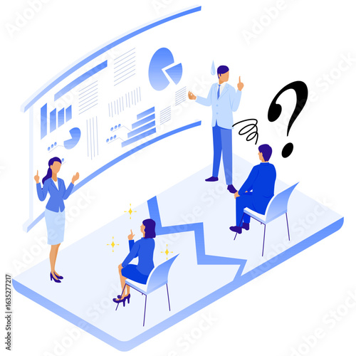 説明が伝わる人・伝わらない人のギャップを描いたビジネスシーンのイラスト（アイソメ）