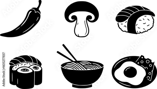 Silhouette Food Icons Vector Pack, Chili, Mushroom, Sushi, Ramen, Egg and Cheese Graphics
