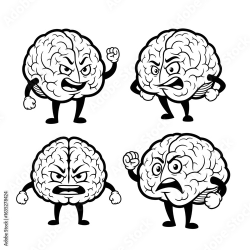 Four Angry Cartoon Brains Expressing Rage and Frustration