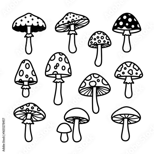 Collection of whimsical outlined mushrooms with varying cap patterns and shapes