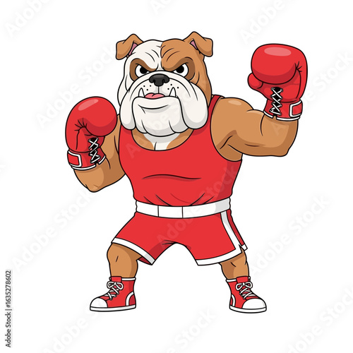 Cartoon Bulldog Boxer with Red Gloves and Matching Outfit Ready to Fight