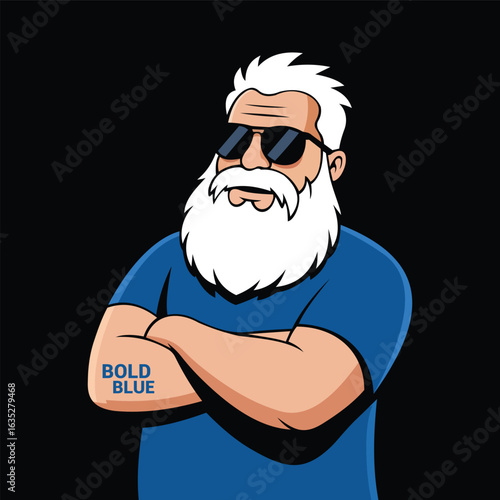 This vibrant illustration features a confident older man with a stylish beard and sunglasses, exuding a cool demeanor.
