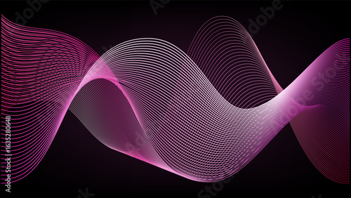 Pink line wave background. Rose magnetic smoke flare. Light red sound frequency abstract swirls. Purple glitter effect dance music radio wavelength. Glow border tech pattern