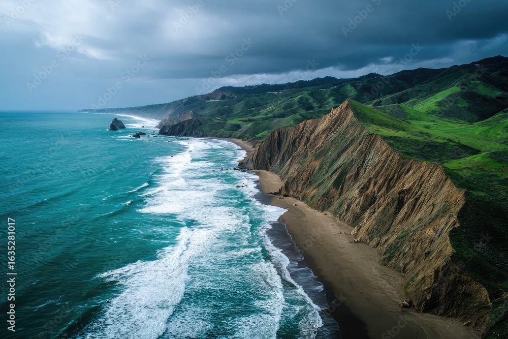 Fototapeta premium Dramatic coastal landscape with rugged cliffs, a sandy beach, and powerful waves