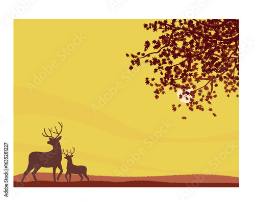 秋の背景　鹿と紅葉