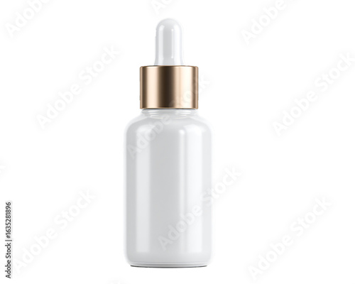 Elegant white serum dropper bottle with golden cap for skincare