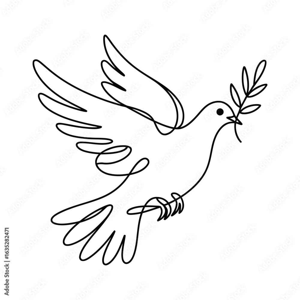 Fototapeta premium Dove with Olive Branch: Continuous Line Drawing, Peace, Hope, and Freedom Symbolism.
