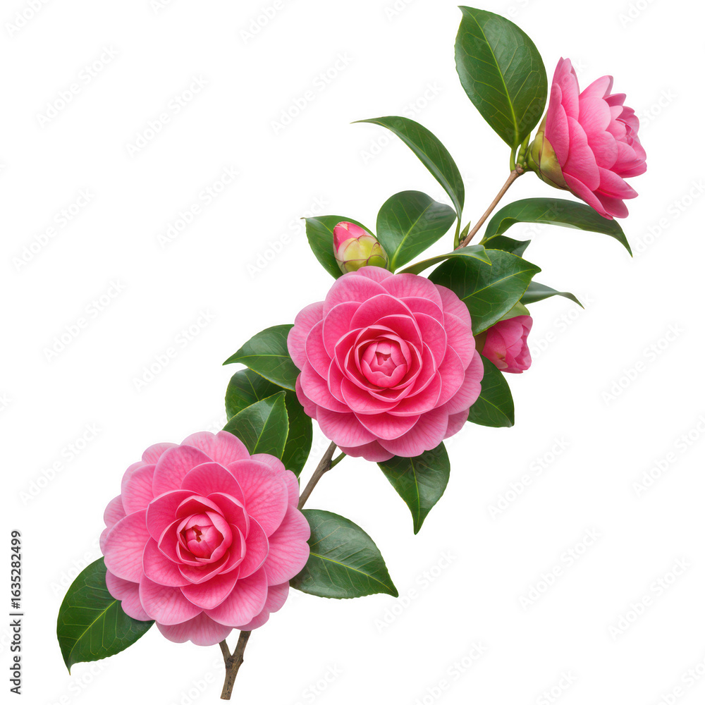 Naklejka premium Camellia branch with pink flowers and green leaves isolated on transparent background