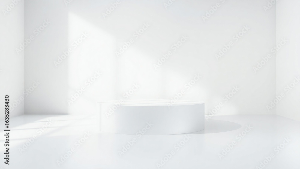 Fototapeta premium Minimalist white room with a cylindrical pedestal and soft light