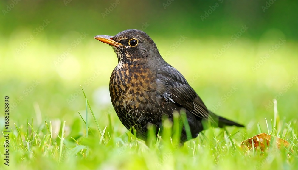 Close-up of a Female Blackbird in Green Grass - Nature and Wildlife Photography Close-up of a Female Blackbird in Green Grass - Nature and Wildlife Photography