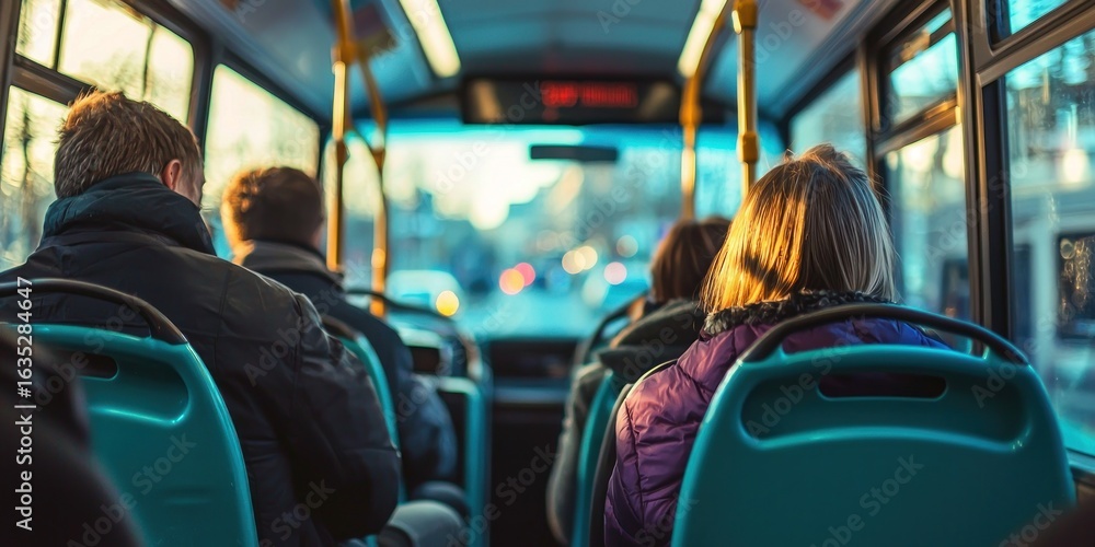 Obraz premium A busy metropolitan bus with passengers enjoying the urban view from their seats