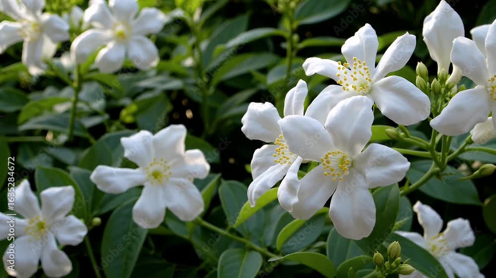 beautiful close up fresh white jasmine blossoms five gentle petals golden pollen bathed natural garden sunlight showing pure aromatic elegance these classic beautiful close up fresh white jasmine blossoms five gentle petals golden pollen bathed natural garden sunlight showing pure aromatic elegance these classic
