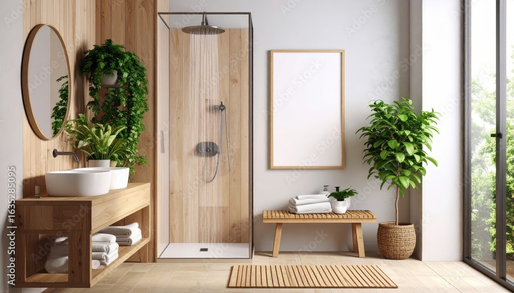 Fototapeta premium Bright Bathroom Interior with Wooden Accents Shower and Green Plants.