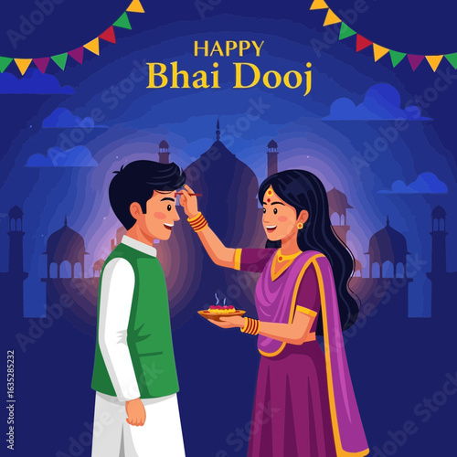 Vector art of happy bhai dooj festival celebration in india, sister applying tika to brothers forehead, symbolizing love and bond, hindu tradition and culture, auspicious occasion