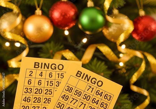 Yellow Bingo Cards with Christmas Ornaments and Golden Ribbon game numbers