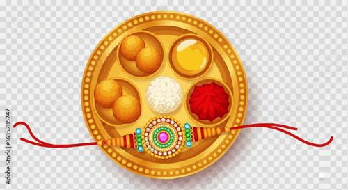 Vector art of raksha bandhan thali with sweets and rakhi, symbolizing brothersister love and protection during the indian festival
