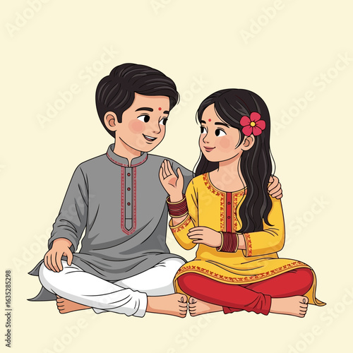 Vector art of cute indian brother and sister in traditional attire sitting together, celebrating family bond and love