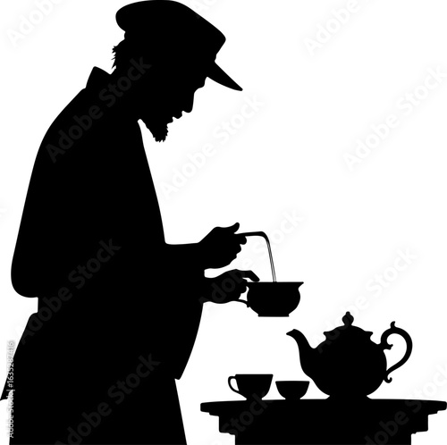 silhouette of a man with a teapot, tea, cup, teapot, vector, coffee, drink, silhouette, illustration, hot, pot, cafe, breakfast, food, design, kettle, beverage, black, kitchen, mug, art, menu, cat