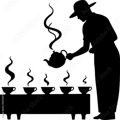 silhouette of a man with a teapot, tea, cup, teapot, vector, coffee, drink, silhouette, illustration, hot, pot, cafe, breakfast, food, design, kettle, beverage, black, kitchen, mug, art, menu, cat