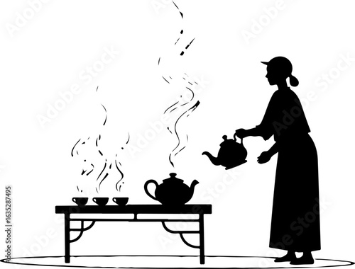 silhouette of a man with a teapot, tea, cup, teapot, vector, coffee, drink, silhouette, illustration, hot, pot, cafe, breakfast, food, design, kettle, beverage, black, kitchen, mug, art, menu, cat