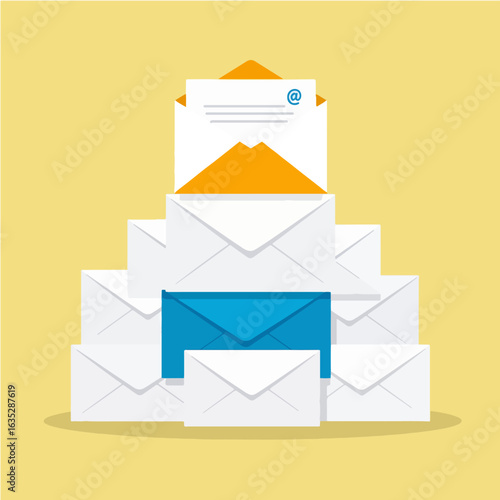 A stack of envelopes with an "@" symbol on the top email, representing email overload, inbox management, or communication concepts.