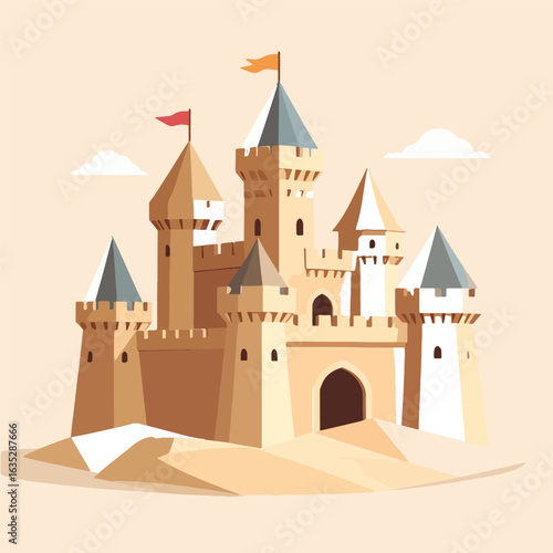 A whimsical illustration of a fairytale castle with towers, flags, and a sand base, perfect for children's books or fantasy-themed projects, set against a neutral background.