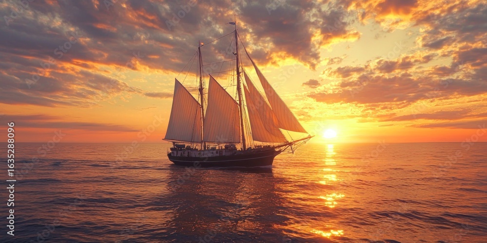 Fototapeta premium A classic schooner with full sails moving toward a breathtaking ocean sunset