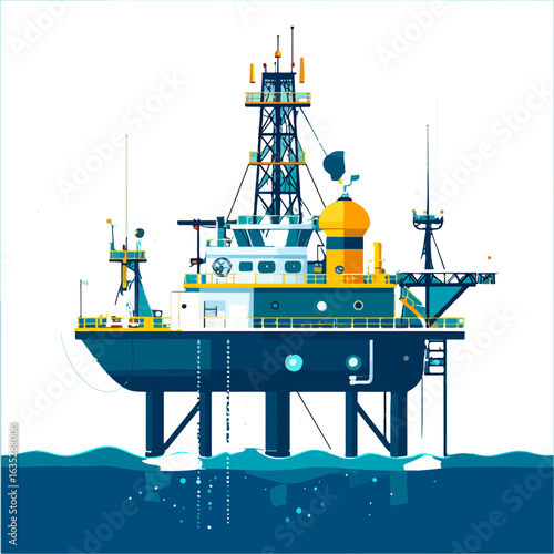 Stylized vector illustration of an offshore drilling platform in dark and light blues and yellows, showing the support structures in water with the operational superstructure.