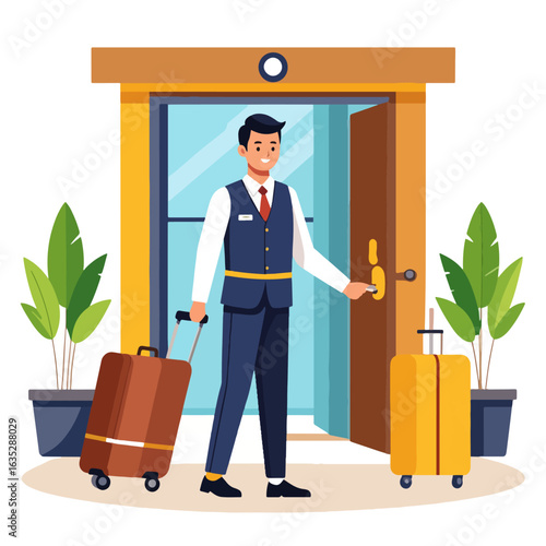 Illustration of a friendly hotel bellhop opening the door for guests, carrying luggage with two potted plants placed near the hotel entrance.