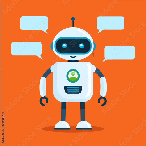 Cheerful white robot with speech bubbles on a vibrant orange background, symbolizing AI communication, virtual assistance, and futuristic technological interactions.