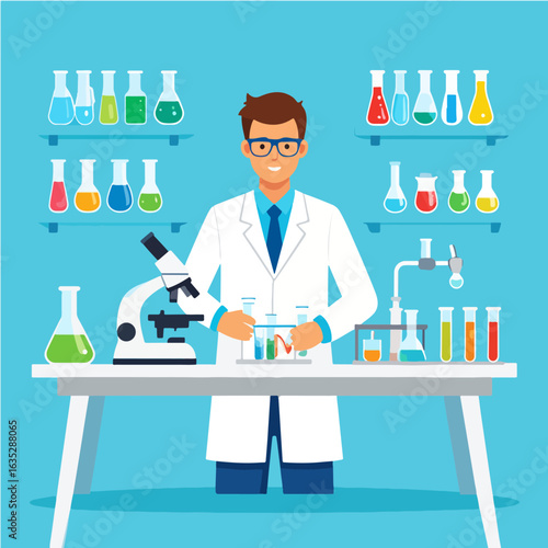 Cartoon vector illustration of a scientist or researcher working in a laboratory with glassware, microscope, and colorful liquids in beakers on shelves.