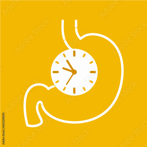 White outline of a stomach with a clock inside, symbolizing the importance of timing for digestion on a yellow background in a simple, minimalist design.