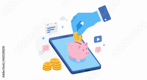 Hand depositing coin into piggy bank on smartphone illustration