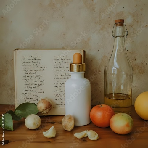 a vintage still-life painting of olive oil and vegetables