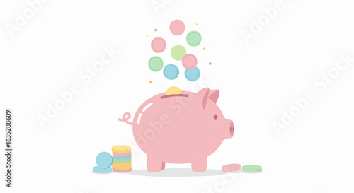 Cute cartoon piggy bank receiving coins