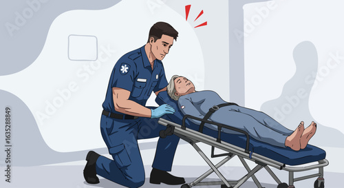 Paramedic assisting patient on stretcher