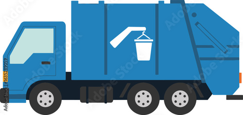 
A cartoon-style, flat-design illustration of a blue garbage truck, with a white arm lifting a bucket, depicting a waste management and recycling theme.