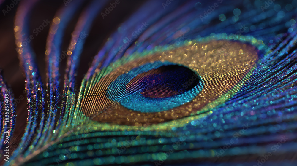 Naklejka premium An extreme macro shot of a single peacock feather, focusing on the iridescent, metallic colors of the 'eye' and the fine, delicate texture of the individual barbs.
