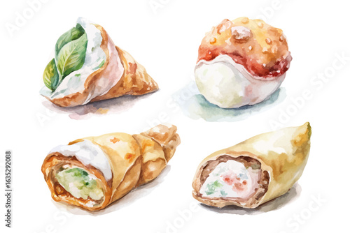 set of watercolor cannoli ricotta vector illustration isolated on white background