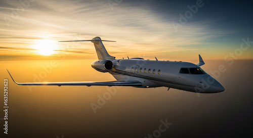 Luxury private jet flying high in a beautiful golden sunset, representing wealth, success, and exclusive travel.