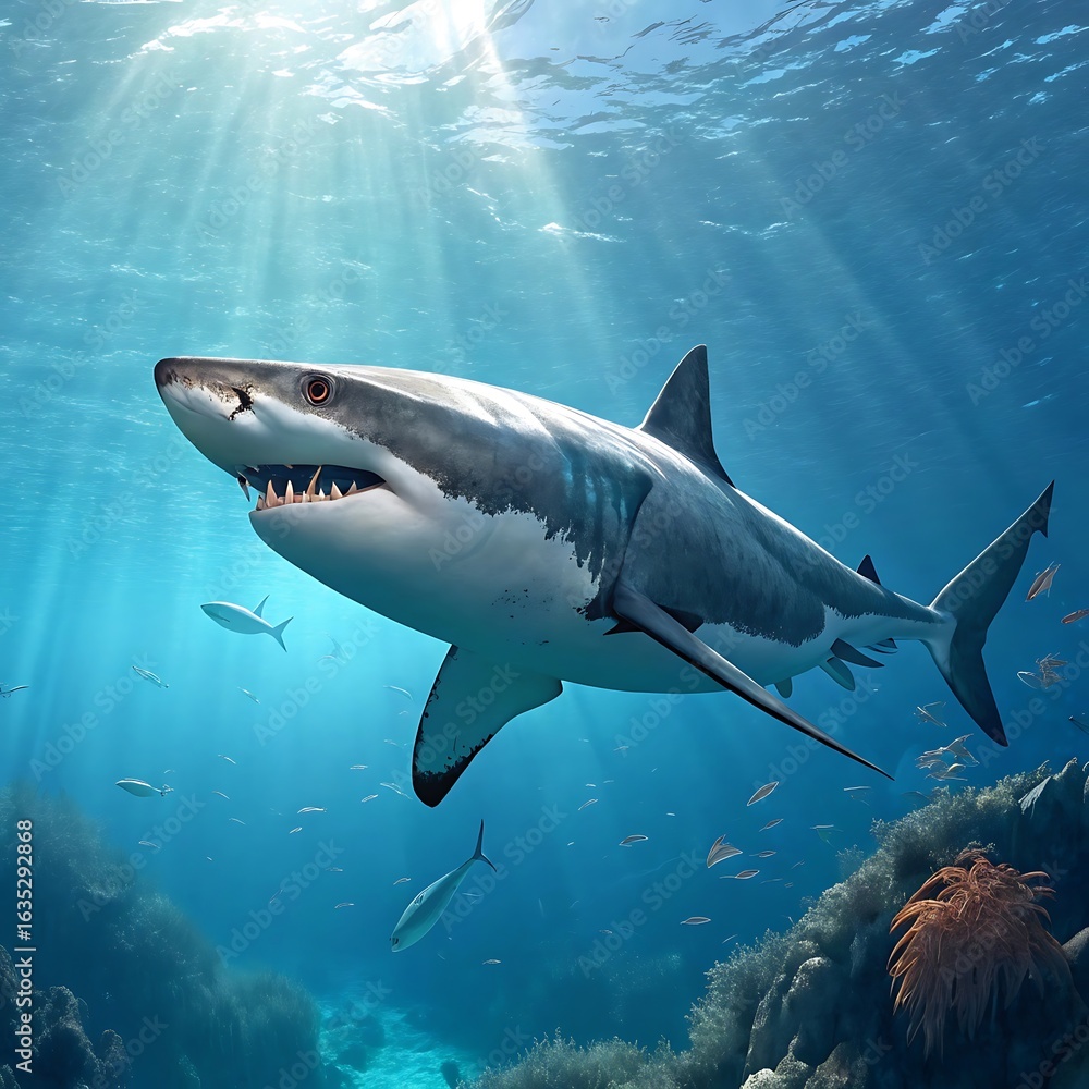 Fototapeta premium Great white shark swimming in the ocean with sunlight rays