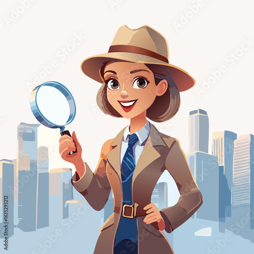 Retro detective character vector of a woman in a fedora holding a magnifying glass with a cityscape background.